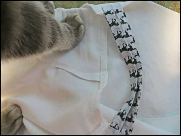 Kitty indicating darts added to shoulder area of sleeves.